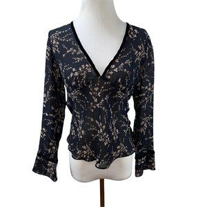 Banana Republic Silk Chiffon Black Print 3/4 Sleeve Top Lightweight Tunic